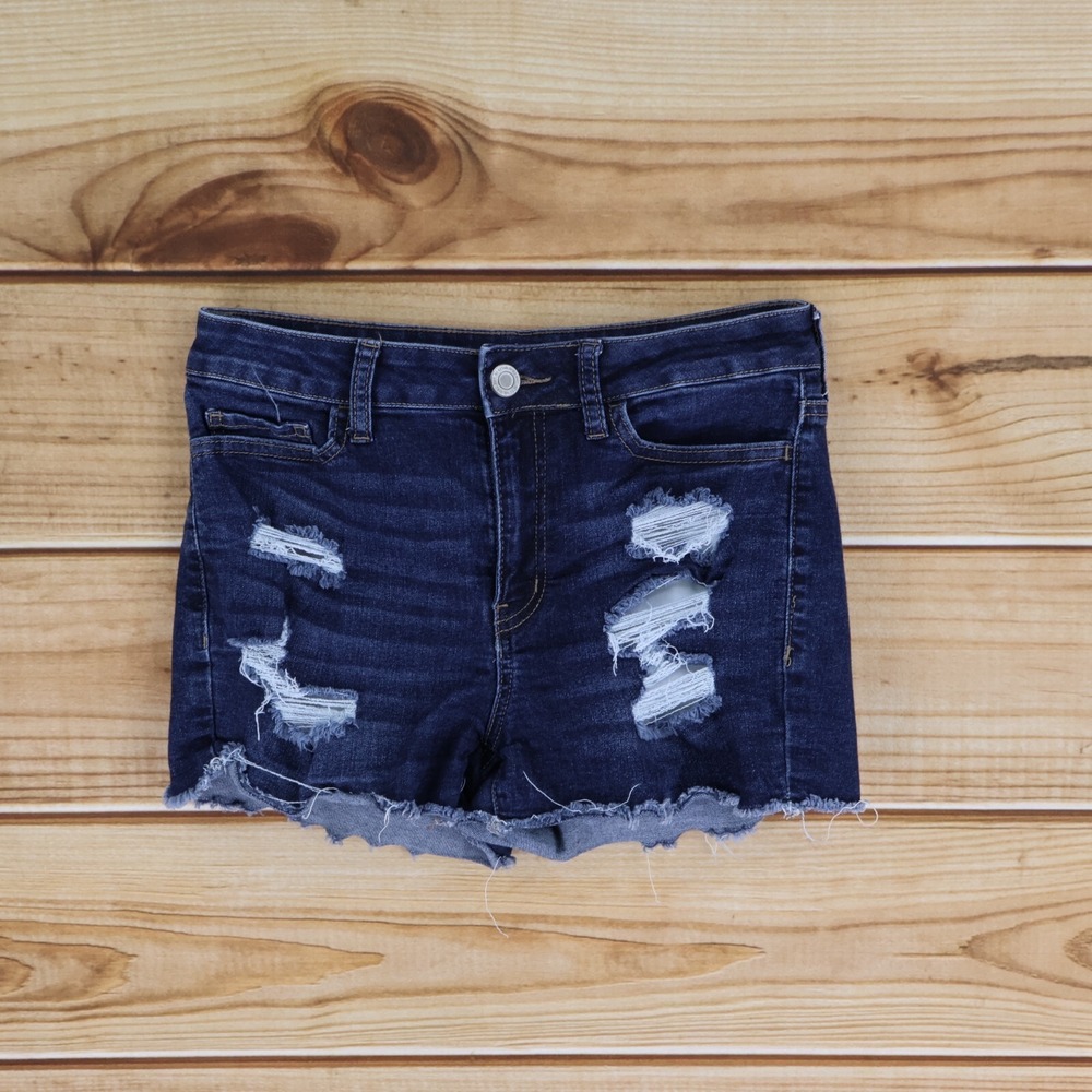 SO Cut-Off Jean Shorts Juniors‎ 7 Dark Blue Distressed Stretch High Rise Shortie